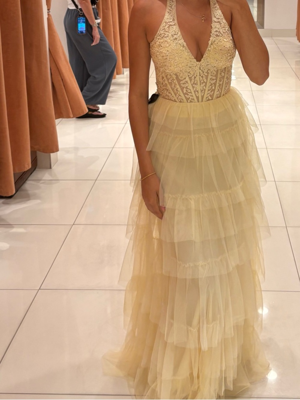 Blondie Nites Pastel Yellow Halter/Corset Prom Dress